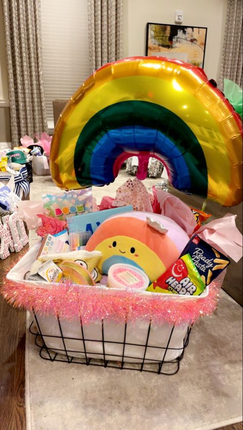 big little basket, sorority, sec sorority, big little gift, gift ideas, gift basket, rainbow theme basket, rainbow theme big little basket, alpha chi omega, alpha chi big little, university of arkansas, arkansas alpha chi, gift ideas, colorful big little basket Sorority Gift Baskets, Theme Basket, Big/little Baskets, Little Baskets, Theme Baskets, Big Little Basket, Omega Alpha, Rainbow Sunset, Alpha Gam