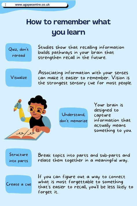 Blue infographic from a GCSE & A-Level tutoring organization, Agape Centre Tutors, on how to remember what you learn, followed by a call-to-action to follow the page for study tips and motivation. You can book a tutoring session on the website www.agapecentre.co.uk. How To Remember Anything, How To Organise Your Study Table, How To Remember What You Study Tips, Revision Techniques Gcse, Study Tips Gcse, Revision Ideas Gcse Tips, Gcse Revision Tips, Gcse Study Tips, Maths Gcse Revision Notes