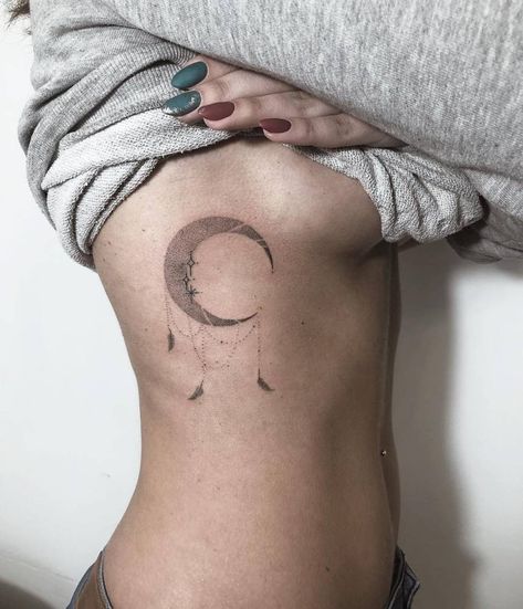 Ribcage Moon Tattoo, Crescent Moon Rib Tattoo, Moon Tattoo Ribcage, Moon Stomach Tattoo, Moon Rib Tattoo, Astronomy Tattoos, Astronomy Tattoo, Luna Tattoo, Ribcage Tattoo