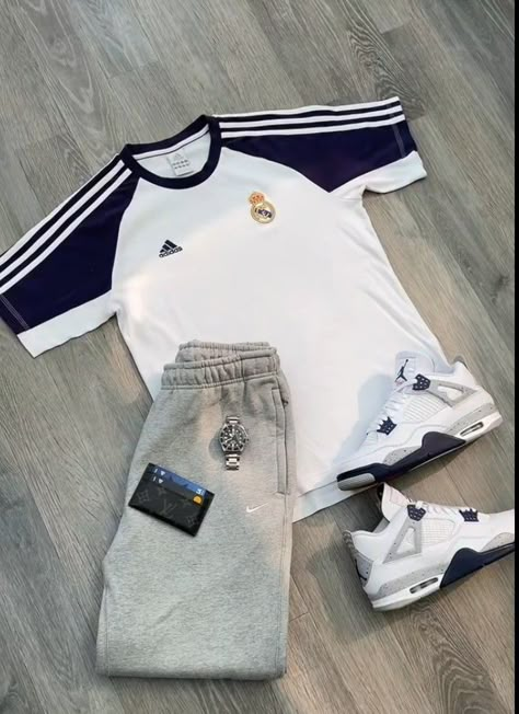 Men’s Soccer Jersey Outfit, Soccer Inspired Outfits, Real Madrid Shirt Outfit, Bloke Core Aesthetic, Football Jerseys Outfit, Football Outfit Men, Soccer Jersey Outfit Men Fashion, Bloke Core Outfits Men, Football Jersey Outfit Mens