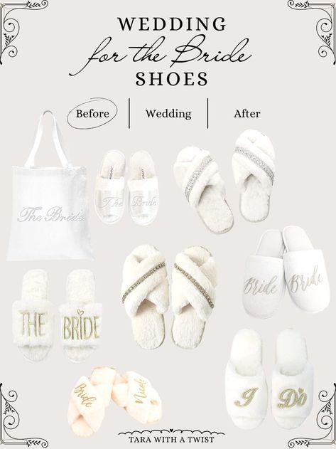 Bridal slippers for before the wedding ceremony! Bridal Shoes Inspo Bridal Slippers Bridal Gifts For the Bride Getting Ready for the Wedding Comfy Wedding Slippers, Bridal Party Slippers Bridesmaid Gifts, Bachelorette Party Slippers, Bride Slippers Getting Ready, Bride To Be Slippers, Bride Bathing Suit, Honeymoon Dress, Bride Slippers, Bridal Slippers