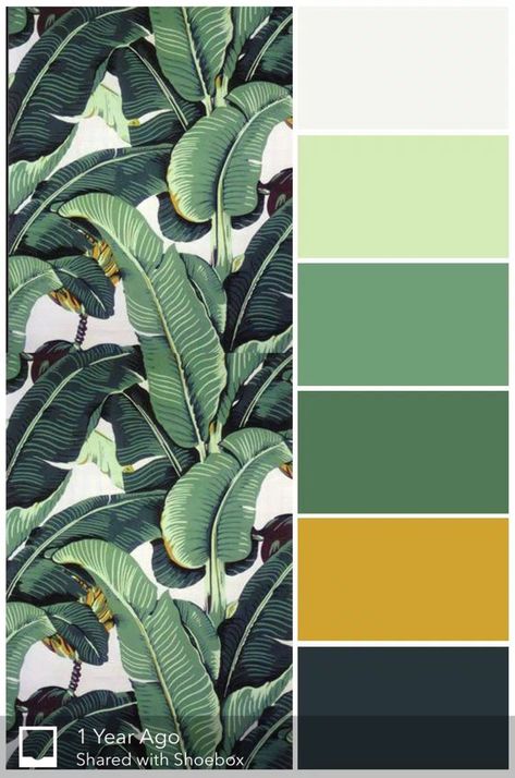 Tropical Leaves | Green colour palette, Room color schemes, Colorful interiors Mid Century Colors, Yellow Colour Scheme, Color Palette Yellow, Colour Pallets, Green Colour Palette, Room Color Schemes, Tropical Colors, Bedroom Paint, Colour Board