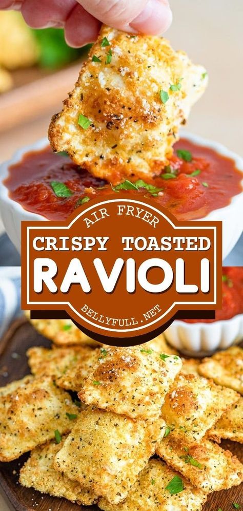 Get ready for an amazing appetizer or snack idea! It's an easy game day recipe. Whether made in the air fryer or oven baked, this crispy, delicious toasted ravioli is guilt-free finger food! Italian Appetizers Easy Finger Foods, Toasted Ravioli Air Fryer, Ravioli Air Fryer, Air Fryer Toasted Ravioli, Italian Appetizers Easy, Healthy And Unhealthy Food, Toasted Ravioli, Marinara Sauce Homemade, Classic Appetizers