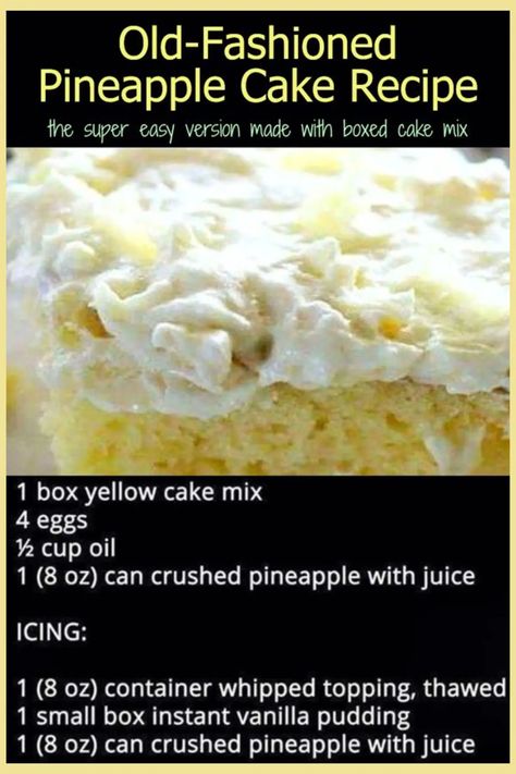 Boxed Cake Mix Old Fashioned Pineapple Cake Recipes - Best Quick Easy Desserts Old Fashioned Pineapple Cake Recipe, Pineapple Sunshine Cake Recipe, Pineapple Sunshine Cake, Combine Cake, Recipes Pineapple, Easy Pineapple Cake, Pineapple Cake Recipe, Heavenly Recipes, Boxed Cake Mixes Recipes