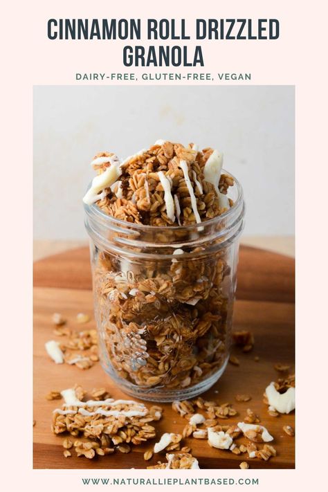 This Cinnamon Roll Drizzled Granola is crunchy & sweet with cinnamon-spiced oats and a drizzle of white chocolate icing. A perfect snack at home! Cinnamon Roll Granola, Cinnamon Granola Recipe, Snack At Home, White Chocolate Icing, Cinnamon Granola, Baking Treats, Produce Recipes, Amazing Breakfast, Cinnamon Recipes