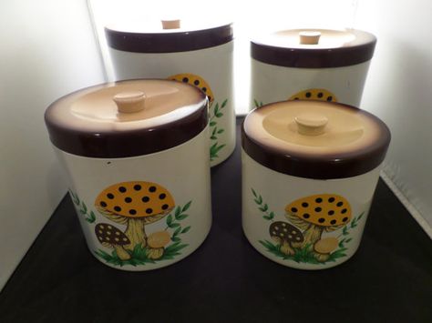 Vintage Mod Mushroom Kitchen Canisters 1970s by TheFlyingHostess Merry Mushroom, 1970s Kitchen, Ceramic Canister Set, Retro Kitchenware, Metal Canisters, Vintage Canisters, Sugar Canister, Mushroom Coffee, Tea Canisters