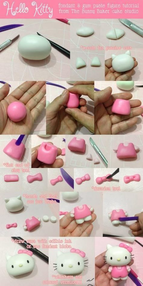 DIY Polymer Clay Hello Kitty with Step-by-Step Tutorial Hello Kitty Fondant, Tort Hello Kitty, Kue Fondant, Fondant Animals, Fondant Tutorial, Hello Kitty Cake, Fondant Decorations, Hello Kitty Party, Hello Kitty Birthday