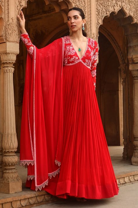 Red Anarkali Dress With Sheer Dupatta, Red Anarkali Gown With Sheer Dupatta, Red Semi-stitched Anarkali Set For Reception, Red Floor-length Churidar With Sheer Dupatta, Red Anarkali Set For Reception During Eid, Red Maxi Length Salwar Kameez For Reception, Red Semi-stitched Anarkali Set With Sheer Dupatta, Red Anarkali Gown With Dabka Work, Festive Red Georgette Anarkali Set