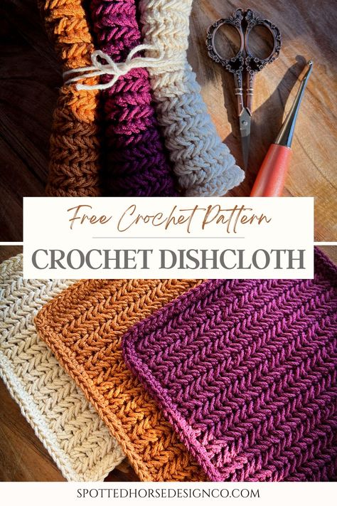 Free Crochet Washcloth Pattern - Spotted Horse Design Co. Free Dish Scrubby Crochet Pattern, Crochet Napkins Patterns Free, Crocheted Kitchen Towels, Fun Crochet Stitches Free, Crochet Shower Puff, Diy Christmas Gifts Crochet, Crochet Pot Holders Pattern, Crochet Halloween Washcloth, Super Saver Yarn Crochet Patterns