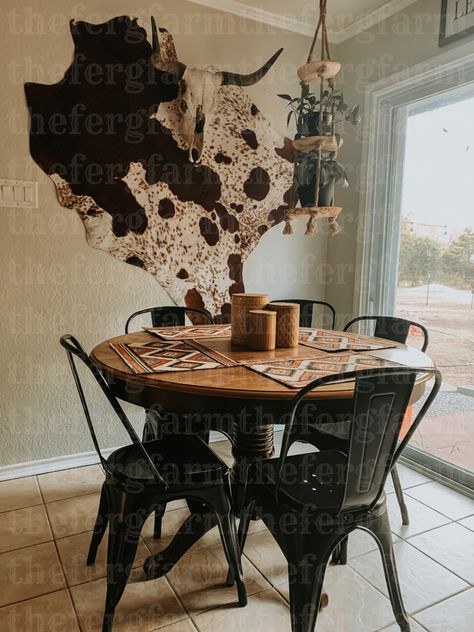 Cowhide decor. Faux cowhide. Skull. Aztec decor. Aztec home. Western home. Southwestern decor. Western Apartment Decor, Western House Ideas, Western Dining Room, Lighting Scandinavian, Western Living Room Decor, Bohemian Lighting, Western Kitchen Decor, Western Farmhouse, Western Bedroom Decor