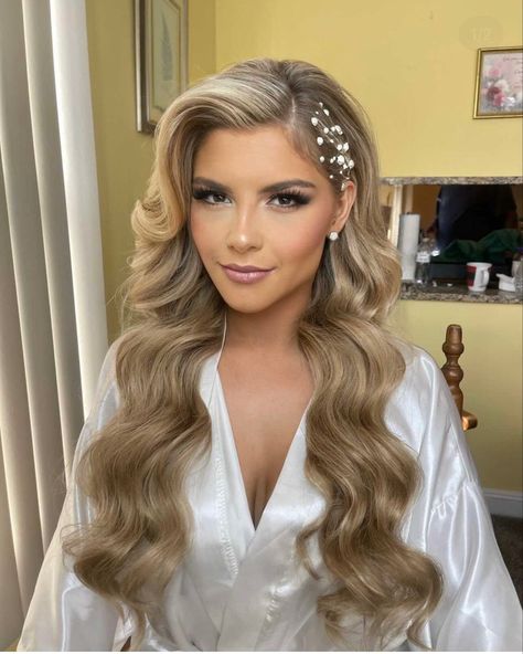 Wedding Hairstyles For Long Hair Pearls, Wedding Hair Styles With Pearls, Glam Hairstyles For Long Hair Wedding, Glam Bride Hairstyles, Bridal Blonde Hair Down, Tucked Bridal Hair, Glam Down Hairstyles, Slick Side Part Hair Down Curly, Bridal Hair Long Sleeve Dress