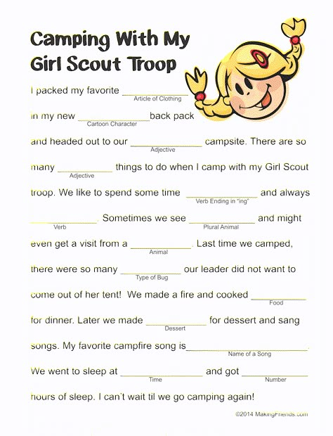 Girl Scout camping Mad LIb. Free printable available at MakingFriends.com Girl Scout Camping Activities, Camping Songs, Scout Camping Activities, Girl Scouts Games, Girl Scout Daisy Activities, Girl Scout Meeting Ideas, Scout Games, Girl Scouts Cadettes, Brownie Scouts