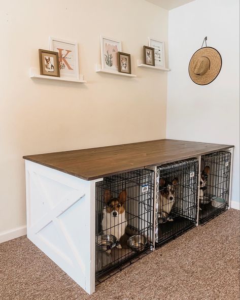 Diy Dog Fencing On A Budget, Diy Dog Kennels Indoor, Double Dog Crate Furniture Diy Plans, Dog Crate Nightstand Diy, Kennel Ideas Indoor Diy, Large Dog Cage Ideas Indoor, Multiple Dog Kennel Ideas Indoor, Dog Kennel Ideas Indoor Diy, Animal Room Ideas Pets