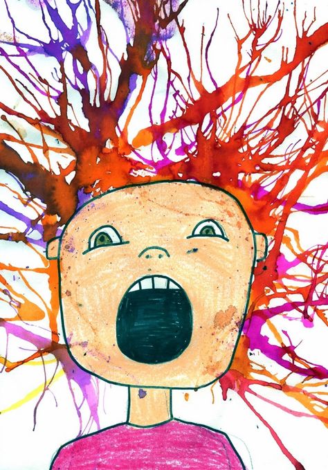 Using watercolor and straws students will blow paint around the head in their self portrait to imply a wild mind or just very crazy hair! Blow Painting Art, Blow Paint, Scream Art, Halloween Kunst, 2nd Grade Art, 3rd Grade Art, Art Projects For Kids, Edvard Munch, Homeschool Art