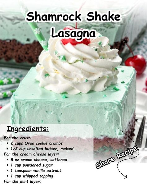 Granny's Secret Kitchen | Celebrate with a slice of Shamrock Shake Lasagna | Facebook Shamrock Dessert Lasagna, Shamrock Shake Lasagna, Shamrock Lasagna, Dessert Lasagna, Secret Kitchen, Lasagna Ingredients, Shamrock Shake, Custard Pudding, Crockpot Recipe