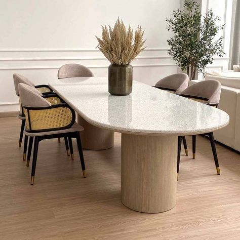 Modern Stone Dining Table, Center Base Dining Table, Marble And Wood Dining Table Modern, Dining Table With Center Base, Dining Table Terrazzo, Wood Base Stone Top Dining Table, Marble Top Table Dining, Dinner Table Ideas Dining Rooms, Stone Dinner Table