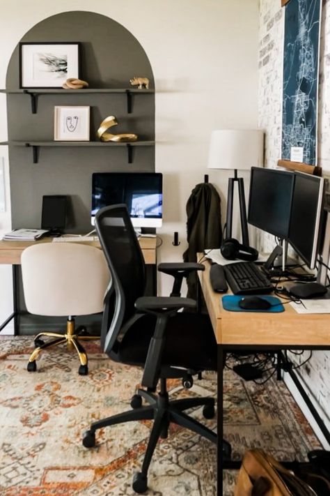 Small Home Office Two Desks Layout, Small Office Space Two Desks, Small Office With 2 Desks, Home Office Setup For Two, Shared Home Office Ideas Small Spaces, 2 Desks In One Room, Home Office For Two People Layout, Small Office For Two, Home Office Two Desks Layout