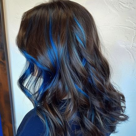 What Highlights Go With Dark Brown Hair, Dark Brown And Colorful Hair, Dark Blue Highlights In Dark Brown Hair, Dark Blue Hair Balayage, Blue Highlights For Dark Brown Hair, Blue Tipped Hair Brown, Blonde Balayage With Blue Highlights, Brown Hair W Blue Highlights, Hairstyles With Blue Highlights