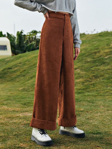 Zipper Fly Wide Leg Cord Pants | SHEIN USA Brown Pants Outfit, Corduroy Pants Outfit, Cord Pants, Wide Leg Pants Outfit, Big Pants, Celebrity Casual Outfits, Cord Trousers, Cords Pants, Winter Pants