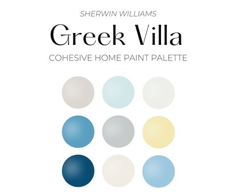 DIGITAL DOWNLOAD ONLY. NO PHYSICAL PAINT SAMPLES WILL BE SENT TO YOU. Introducing our Sherwin Williams Greek Villa Coastal color palette, featuring a serene blend of teal and light pink tones to transport you to the dreamy paradise of Greece. This collection of paint colors is perfect for creating a coastal-inspired vibe in your home, evoking the relaxed and laid-back vibe of the Greek Islands. Whether you're looking to paint a bedroom, living room, or even your front door, these hues will bring a touch of the beach to any room. With a mix of both cool and warm tones, this color palette is versatile and can be used in a variety of different design styles. So why not add a little bit of Greece to your home with our Sherwin Williams Greek Villa color palette today! Each color has been paired Sherwin Williams Greek Villa, Grey Paint Palette, Coastal Paint Palette, Whole House Color Palette, Greek Style Home, Greek Interior Design, Mediterranean Color Palette, Greek Villa Sherwin Williams, House Color Palette