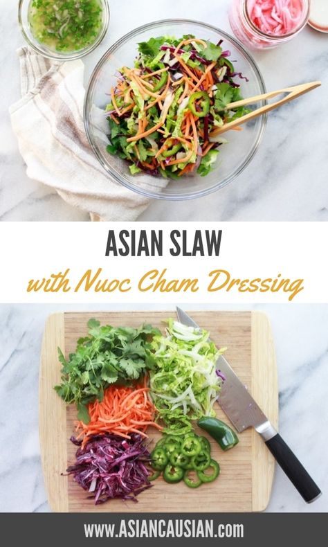 Tangy, sweet and spicy, this Asian Slaw with Nuoc Cham Dressing is perfect as a side dish or on top of any protein like fish, burgers, or chicken! #Asianslaw #nuoccham Fish Burgers, Turkey Noodle Soup, Red Chili Paste, Hot Desserts, Matchstick Carrots, Bread Substitute, Asian Slaw, Asian Salad, Chinese Cabbage