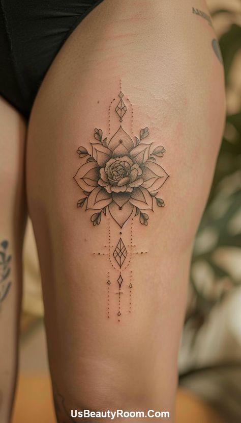 A floral mandala thigh tattoo featuring symmetrical patterns and fine details, creating a harmonious and elegant design. This small thigh tattoo is perfect for girls who love floral elements in their tattoos. Thigh Tattoos, Thigh Tattoos Women Plus Size, Small Thigh Tattoo, Tattoos Trendy, Small Thigh Tattoos, Thigh Tattoo Ideas, Chic Tattoo, Thigh Piece, Small Girl Tattoos