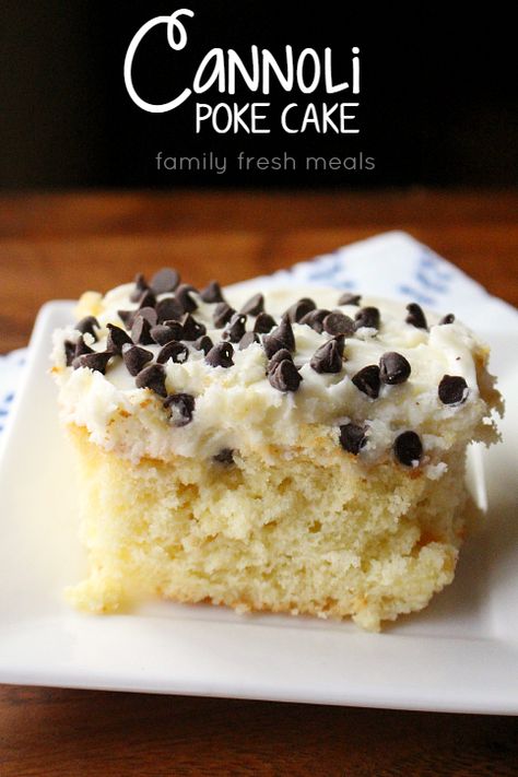 This Cannoli Poke Cake recipe couldn't be easier to make. You start with a basic cake mix and add on a couple more items and WOW! This is dessert nirvana. Cannoli Poke Cake, Cannoli Cake, Fresh Meals, Basic Cake, Family Fresh Meals, Poke Cake Recipes, Poke Cakes, A Piece Of Cake, Poke Cake