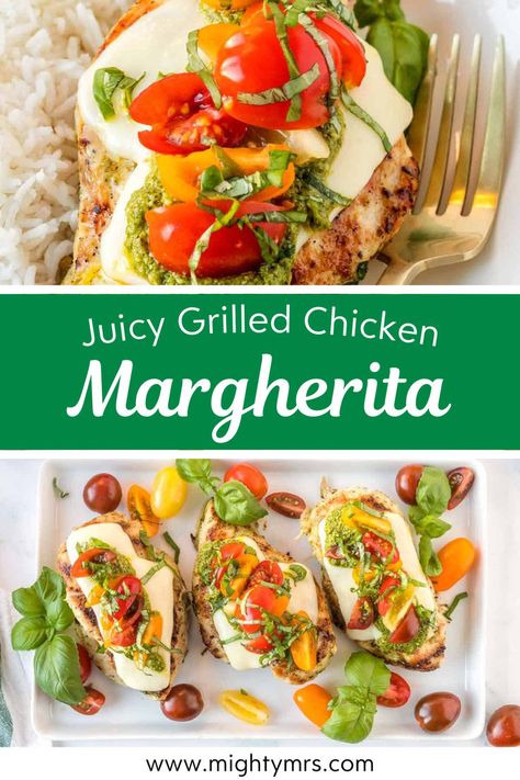 This juicy grilled chicken margherita is an easy and delicious meal. Marinated and grilled chicken is smothered with mozzarella cheese, basil pesto sauce, and fresh cherry tomatoes for Margherita-style flavor. Serve over a salad, on a bun as a sandwich, with garlic bread or over pesto pasta. Grilled Chicken Margherita, Chicken Margherita, Fast Chicken Recipes, Healthy Grilled, Chicken With Italian Seasoning, Easy Grilled Chicken, Easy Chicken Dinner Recipes, Quick Chicken, Grilling Chicken Breast