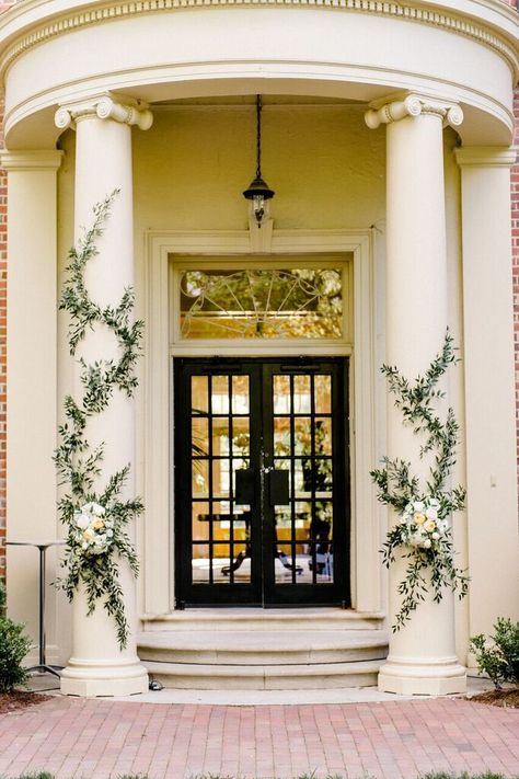 Love how this couple used the architecture already in place by simply adding greenery and florals to the columns of the hotel Pillar Decorations Columns, Column Decoration Ideas, Pillar Decor, Column Decor, Pillar Decorations, Wedding Columns, Column Decoration, Columns Decor, Wedding Pillars