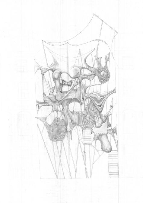 The Bartlett Summer School C, 2016. From the Making and Prototyping workshop run by Zahra Taleifeh, Dan Wilkinson, with the teaching support of Kacpar Chmielewski and Shuo Yang. The Cyclical House, formed from storing the detritus of family habitation, by Charlie Bennett. Melting Building, Machine Architecture, Charlie Bennett, Bartlett School, Bartlett School Of Architecture, Conceptual Drawing, Silhouette Drawing, Architecture Collage, Architecture Concept Drawings