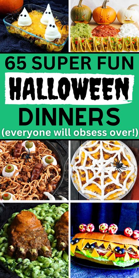 Halloween dinner party food Best Halloween Dinner Ideas, Menu For Halloween Party, Halloween Food Plater, Halloween Themed Casseroles, Halloween Luncheon Food Ideas, Halloween Recipes For A Crowd, Halloween Town Themed Dinner, Halloween Inspired Recipes, Spooky Entrees