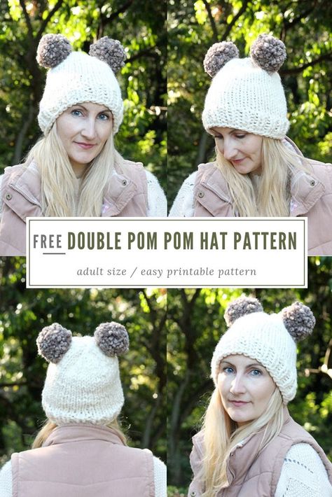 Double pom pom hat knitting pattern free. Make a super cozy hat for the winter weather with two poms, great for any beginner knitters! #knit #knitting #twopomhat #hat #hatpattern Double Pom Pom Beanie, Winter Knitting Patterns, Fall Knitting Patterns, Easy Knit Hat, Beanie Hat Pattern, Knit Dress Pattern, Knit Headband Pattern, Hat Knitting Pattern, Hat Knitting