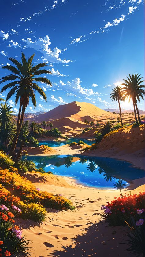 anime wallpaper, wallpaper hd, phone wallpaper, anime aesthetic, flowers, anime landscape, background, studio ghibli, desert, oasis, Desert Flowers Aesthetic, Desert Oasis Art, Anime Aesthetic Flowers, Desert Oasis Aesthetic, Fantasy Oasis, Background Studio Ghibli, Oasis Illustration, Anime Environment, Landscape Phone Wallpaper