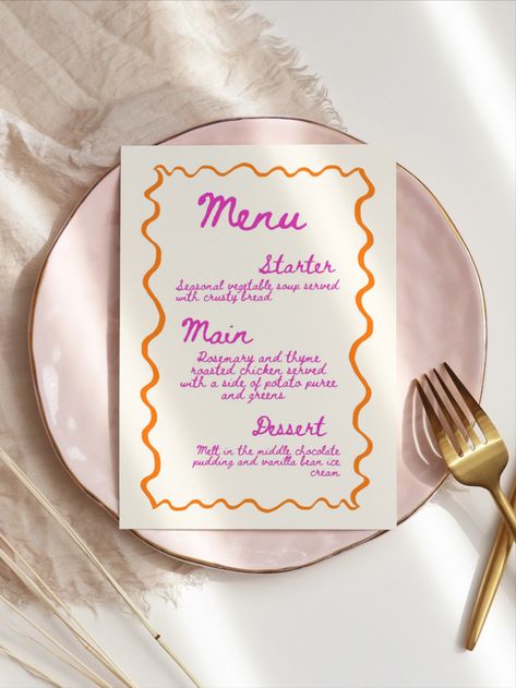 Bright Wavy Purple + Orange Menu Template, Colorful Handwritten Menu, Editable Wedding Stationary, Wavy Border Hand Painted Menu Editable 21 Diner Menu, 21 Dinner, Watercolor Menu, Diner Menu, Wedding August, Green Desserts, Menu Card Design, 21 Diner, Sunset Dinner