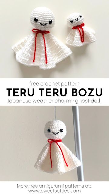 Free Teru Teru Bozu Crochet Pattern · Halloween Ghost Doll · Japanese Weather Charm - Sweet Softies | Amigurumi and Crochet Crochet Teru Teru Bozu, Japan Crochet Pattern, Japanese Crochet Stitches, Teru Teru Bozu Crochet, Quick Halloween Crochet, Crochet Anime Characters, Anime Crochet Patterns Free, Japanese Weather, Japan Crochet