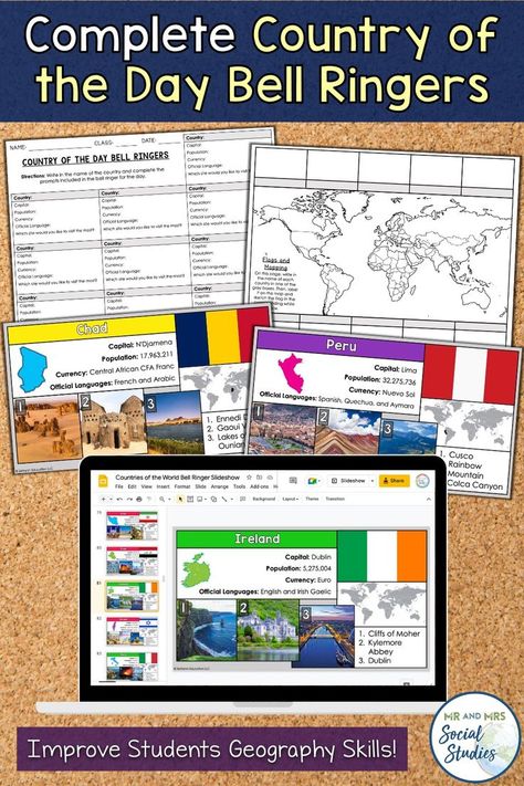 If you're looking for some geography bell ringers that you can use throughout the entire school year to teach your students about all of countries of the world, you'll love this set! This Countries of the World Bell Ringers resource includes a slideshow with one slide about each of the 194 countries, along with printable & digital handouts for your students as they learn about the different countries! Click here to learn more about our Countries of the World Bell Ringers! #mrandmrssocialstudies Geography Bell Ringers Middle School, Middle School Geography, Geography Activities, Bell Work, Bell Ringers, High School Classroom, World Geography, Middle Schoolers, Alphabetical Order