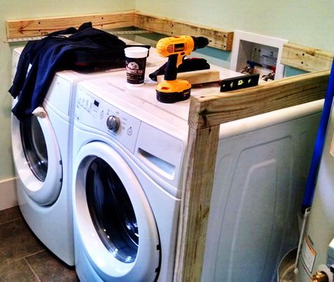 countertops for laundry room | Purchase wood and create a frame around the washer and dryer using ... Laundry Room Countertop, Laundry Room Storage Shelves, Small Laundry Room Organization, Room Storage Diy, Dream Laundry Room, Laundry Room Renovation, Room Styles, Laundry Room Remodel, Laundry Room Inspiration