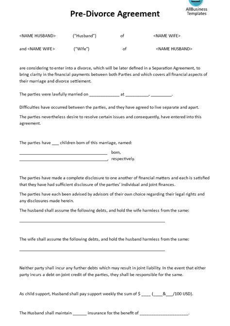 Pre-Divorce Agreement - Download this pre-divorce agreement template if you are considering entering into a divorce and open the discussion with your spouse before finalizing it. Fake Divorce Papers, Divorce Settlement Agreement, Separation Agreement Template, Divorce Forms, Divorce Agreement, Parallel Parenting, Legal Separation, Custody Agreement, Divorce Settlement