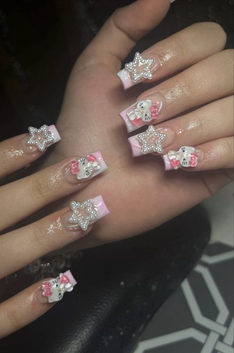 Paznokcie Hello Kitty, Hello Kitty Nails Art, Nails Essie, Spring House, Girly Acrylic Nails, Cute Acrylic Nail Designs, Hello Kitty Nails, Really Cute Nails, Pretty Gel Nails