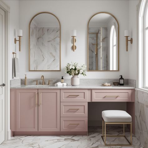 Vanity Color Ideas 💖💖 Pink Cabinet Bathroom, Blush Vanity Bathroom, Blush Cabinets Bathroom, Pink Vanity Bathroom, Pink Master Bath, Mauve Bathroom Ideas, Bathroom Vanity Pink, Bathroom Cabinet Color Ideas, Vanity Color Ideas