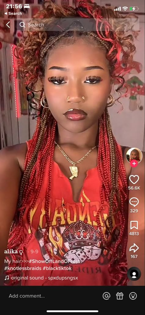 Brown And Red Braids Black Women, 3 Color Combinations Braids, Short Colored Box Braids, Red Black And Blonde Braids, Box Braid Hair Color Combos, Blonde And Red Peekaboo Braids, Three Color Braids, Half And Half Hair Color Braids, Color Combos Braids