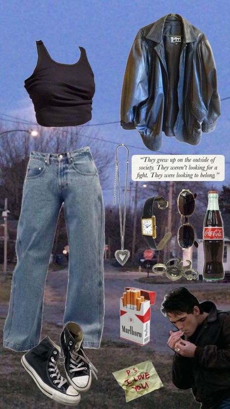 #theoutsiders #dallaswinston #marlboro #vintageoutfits #cokecola #jewelry Greaser Girl Outfit, Greaser Costume, Girl Greaser Outfit, Greaser Outfit, Greaser Aesthetic, Greaser Girl, Greaser Style, Outsiders Movie, The Outsiders Greasers