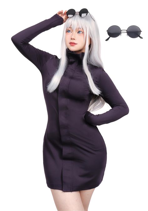 PRICES MAY VARY. Package Including: Satoru Cosplay Costume*1, retains the high collar and dark purple color. Standard US Size: Available in XS to XXL, please check what size you need according to our size chart before buying. Material: This uniform cloth is made of quality polyester, stretchy fabric, comfortable to long time wear. Occasion: Great costume for comic con, cosplay party, stage performance, masquerade, also be a wonderful gift for anime cosplay fans. AFTER SERVICE: If you have any qu Costumes Ideas Women, Dress With Glasses, Costumes With Glasses, Gojo Cosplay, Comic Con Outfits, Dark Purple Dresses, Dark Purple Color, Womens Cosplay, Pretty Halloween Costumes