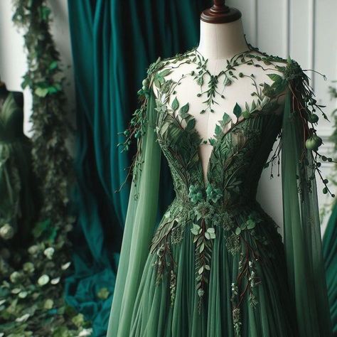 Acotar Dress, Green Dress Aesthetic, Forest Wedding Dress, Forest Dress, Elven Dress, Green Wedding Dresses, Magical Dress, Fantasy Dresses, Fantasy Gowns