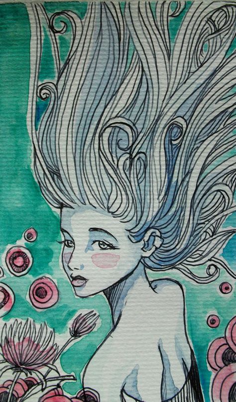 Original Watercolor Painting Floating Hair by animegrl07 on Etsy, $3.00 How To Draw Floating Hair, Floating Hair Drawing, Water Fairies, Art Gcse Ideas, Murmuration Art, Character Design Tips, Floating Hair, Hair Drawings, Mixed Media Watercolor