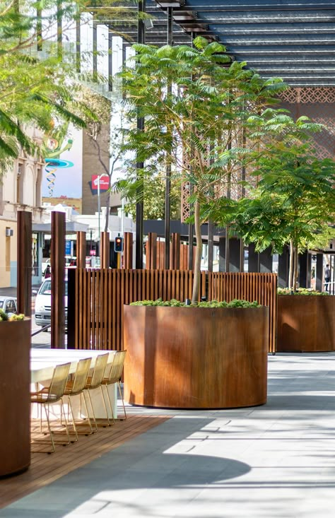 Large round corten steel cylinder planter displayed in commercial public courtyard. Architectural Planters, Commercial Planters, Sculpture Studio, Corten Steel Planters, Tree Planters, Rectangular Planters, Steel Planters, Raised Planter, Front Patio