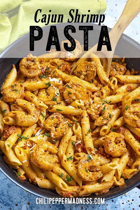 This Cajun shrimp pasta is loaded with succulent shrimp and comforting noodles simmered in a creamy, spicy tomato sauce, perfectly spiced and easy to make! Creamy Cajun Spaghetti, Cajun Shrimp And Pasta, Spicy Cajun Shrimp Pasta, Cajun Shrimp Pasta Easy, Recipes With Shrimp And Pasta, Cajun Shrimp Recipes For Dinner, Chipotle Shrimp Pasta, Cajun Chicken Shrimp Pasta, Shrimp Cajun Pasta