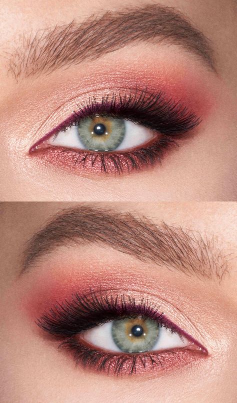 15 Cute Coral Eyeshadow Looks For Brown, Green & Blue Eyes Peach Eyeshadow Blue Eyes, Natural Makeup With Red Eyeshadow, Coral And Blue Eye Makeup, Spring Formal Makeup Ideas, Makeup For A Fuschia Dress, Coral Pink Makeup, Colourpop Coast To Coral Looks, Red Makeup Blue Eyes, Natural Red Makeup Look