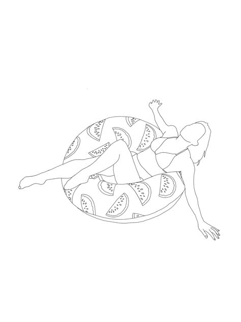 Pool Float Tattoo, Pool Float Drawing, Float Tattoo, Watermelon Pool Float, Pool Drawing, Sketch Outline, River Float, Board Art, Tattoo Stencils