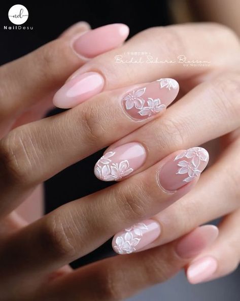 White Floral Nail Art, Baby In Bloom Nail Ideas, Flower Wedding Nails For Bride, Bridal Flower Nails, Lace Nail Design Wedding, Bridal Nail Designs Brides Elegant, Wedding Nails For Bride Flowers, Bridal Nails With Flowers, Nude Nails White Flowers